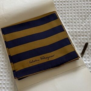 Vintage Salvatore Ferragamo Silk Striped‎ Scarf Italy Navy Gold Purple 33”x33”